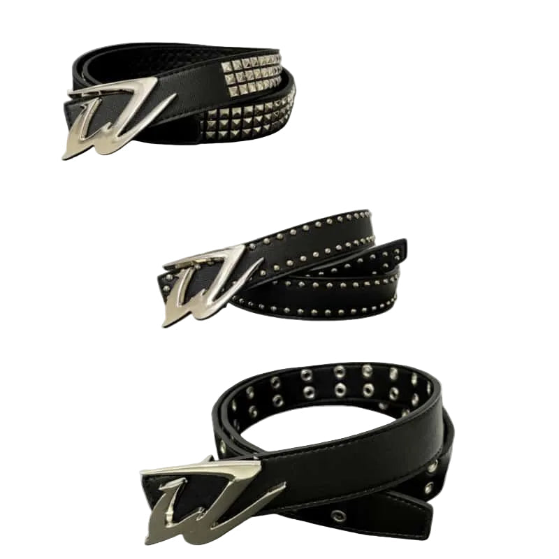 Y2K Punk Studded Leather Belt Futuristic Logo Metal Buckle Waist Belt
