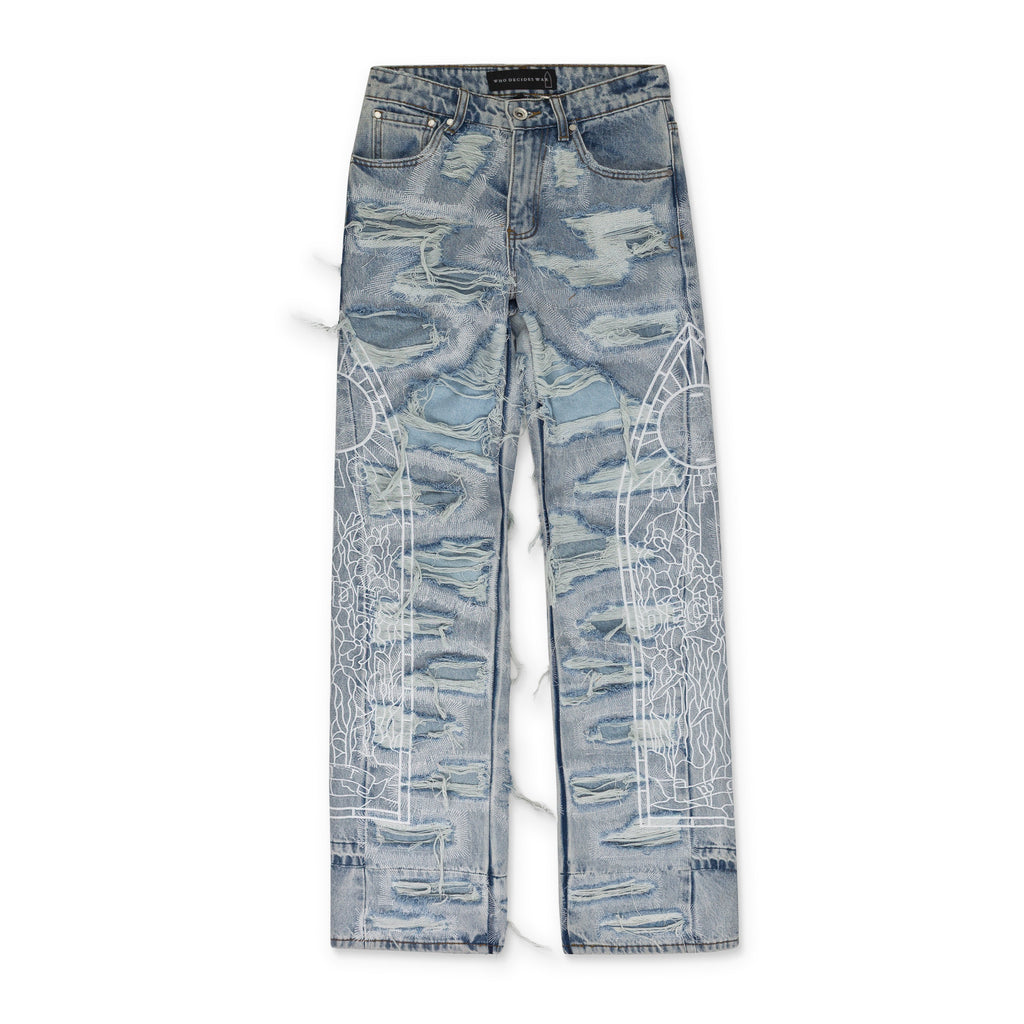 BLUE DISTRESSED STRAIGHT-FIT JEANS