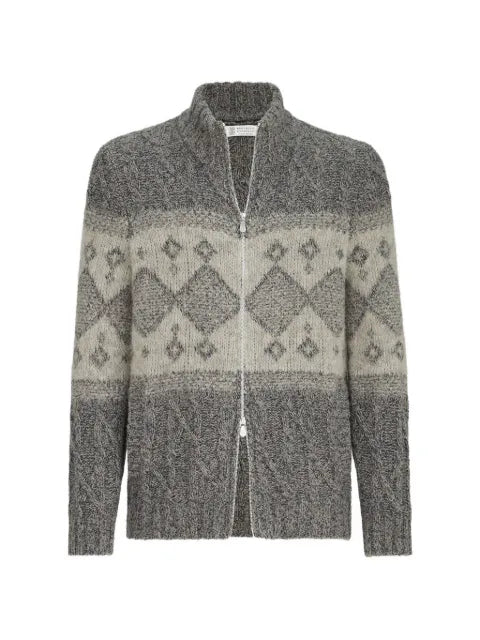 Brunello Cucinelli virgin wool, silk and cashmere chiné cable-knit cardigan intarsia