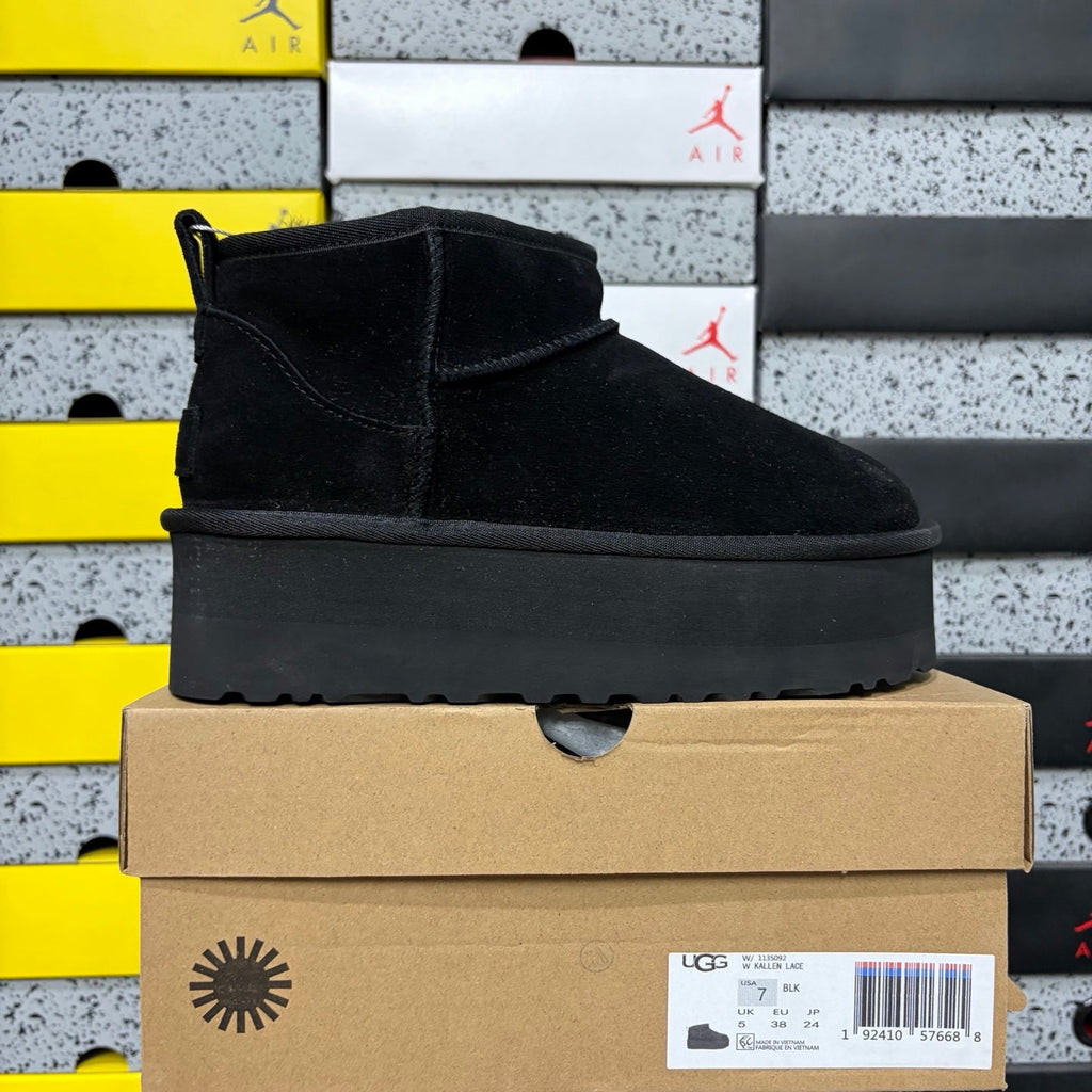 UGG Kallen Lace Platform Ankle Boot – Suede Boot with Shearling Lining, Tonal Cross-Strap Closure & All-Black Chunky Platform Sole in Black