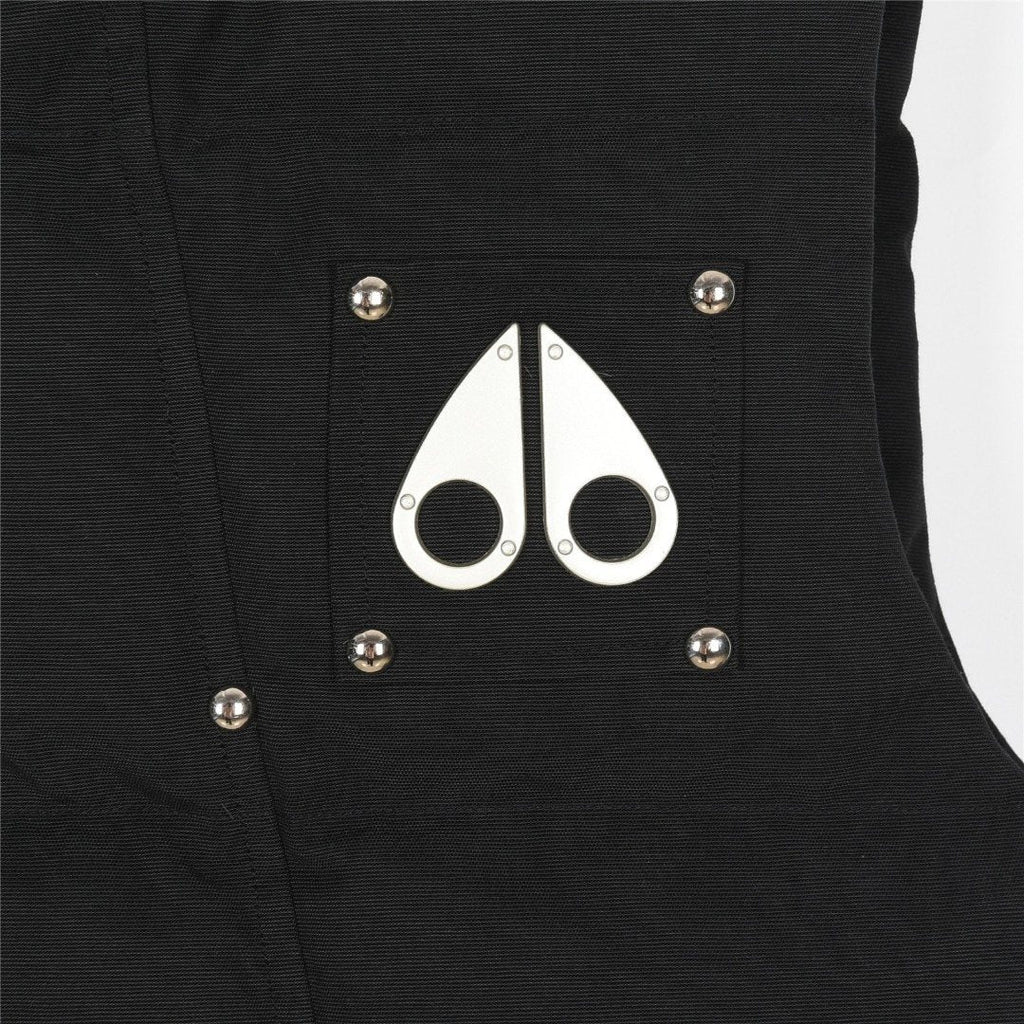 Moose Knuckles Puffer Vest in Black with Metallic Logo and Stud Details
