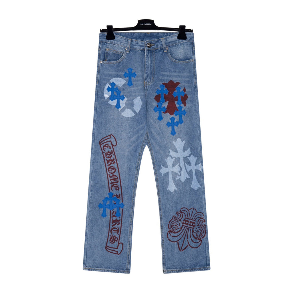 Chrome Hearts Extremely Rare Blue Cross Patch Spraypainted Jeans