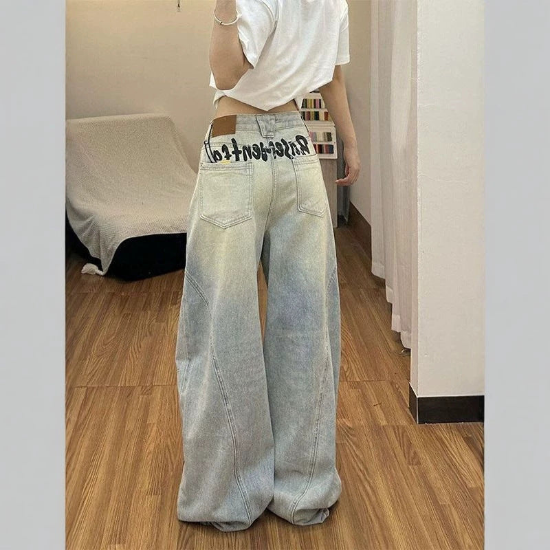 Graffiti Hello Kitty Distressed Curved Wide Leg Baggy Denim Jeans