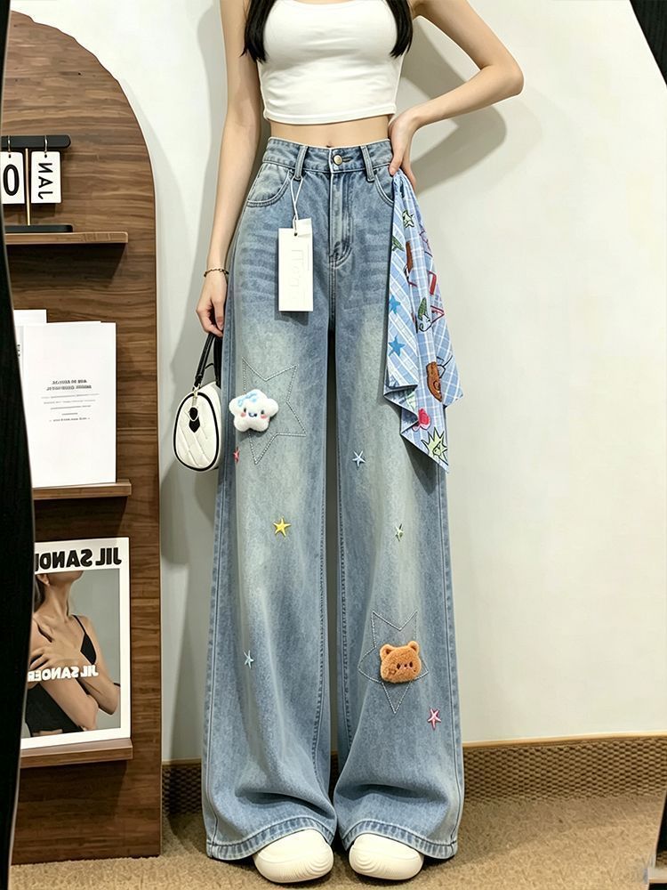 Bear Star Embroidery Scarf Decor Wide Leg High Waist Denim Jeans