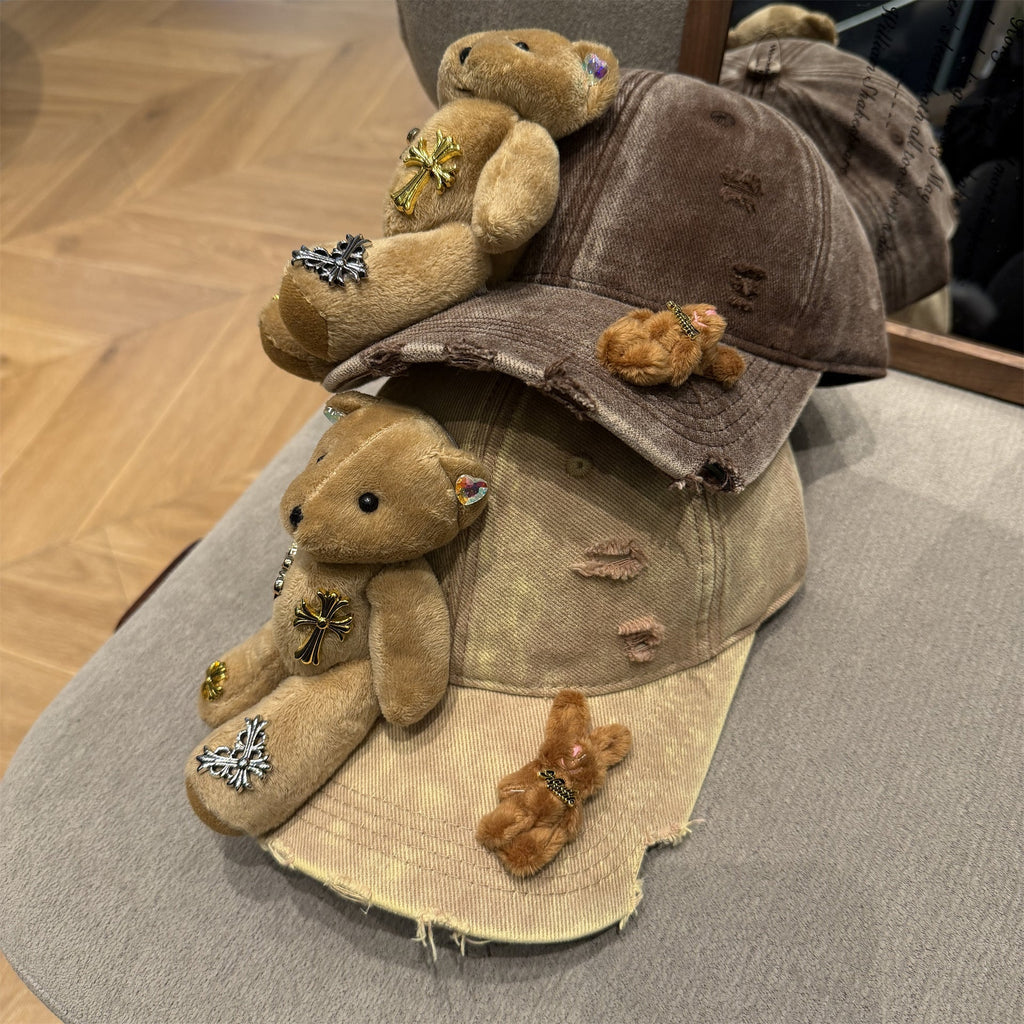 Vintage Washed Plush Bear Cross Rhinestone Baseball Cap Y2K Streetwear
