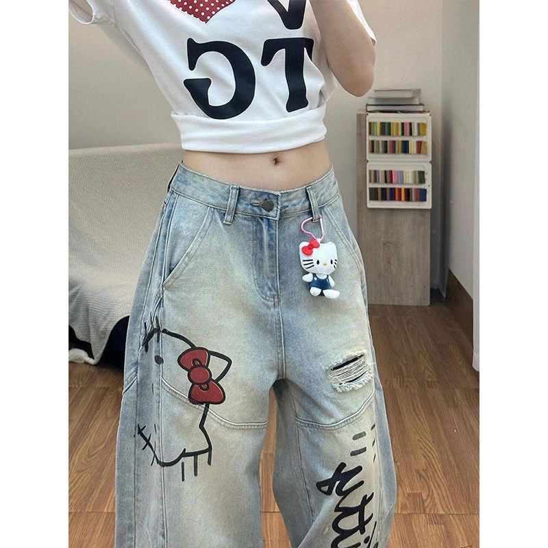 Graffiti Hello Kitty Distressed Curved Wide Leg Baggy Denim Jeans