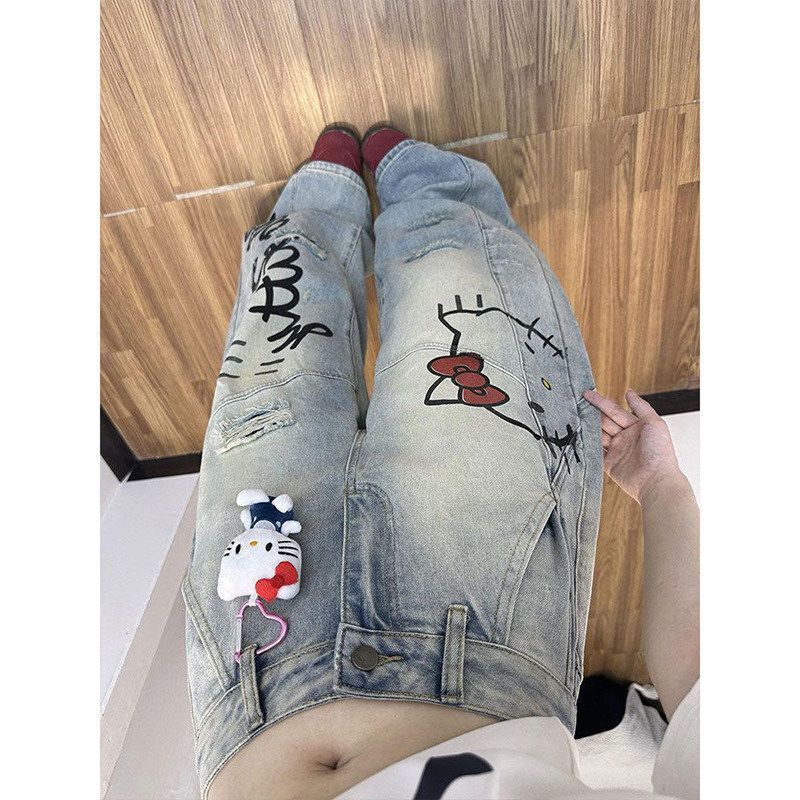 Graffiti Hello Kitty Distressed Curved Wide Leg Baggy Denim Jeans