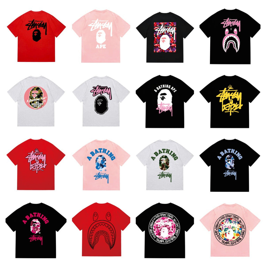 Bape X Stussy Ape Head Shark Multi‑Graphic Cotton Tee Multi‑Style