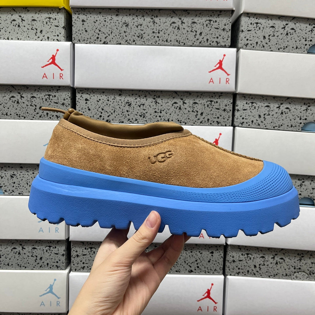 UGG Tasman X Platform Slip-On – Suede Clog with Shearling Lining, Paracord Toggle & Bold Blue Chunky Platform Sole in Chestnut