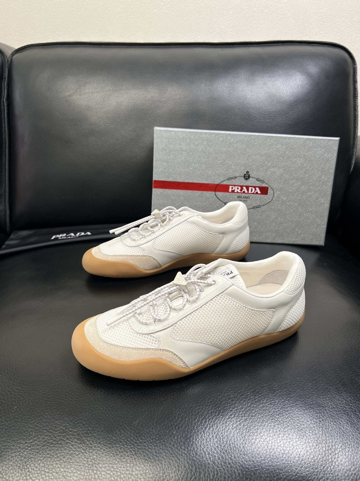 Prada Men's White Gum Sole Low-Top Sneakers