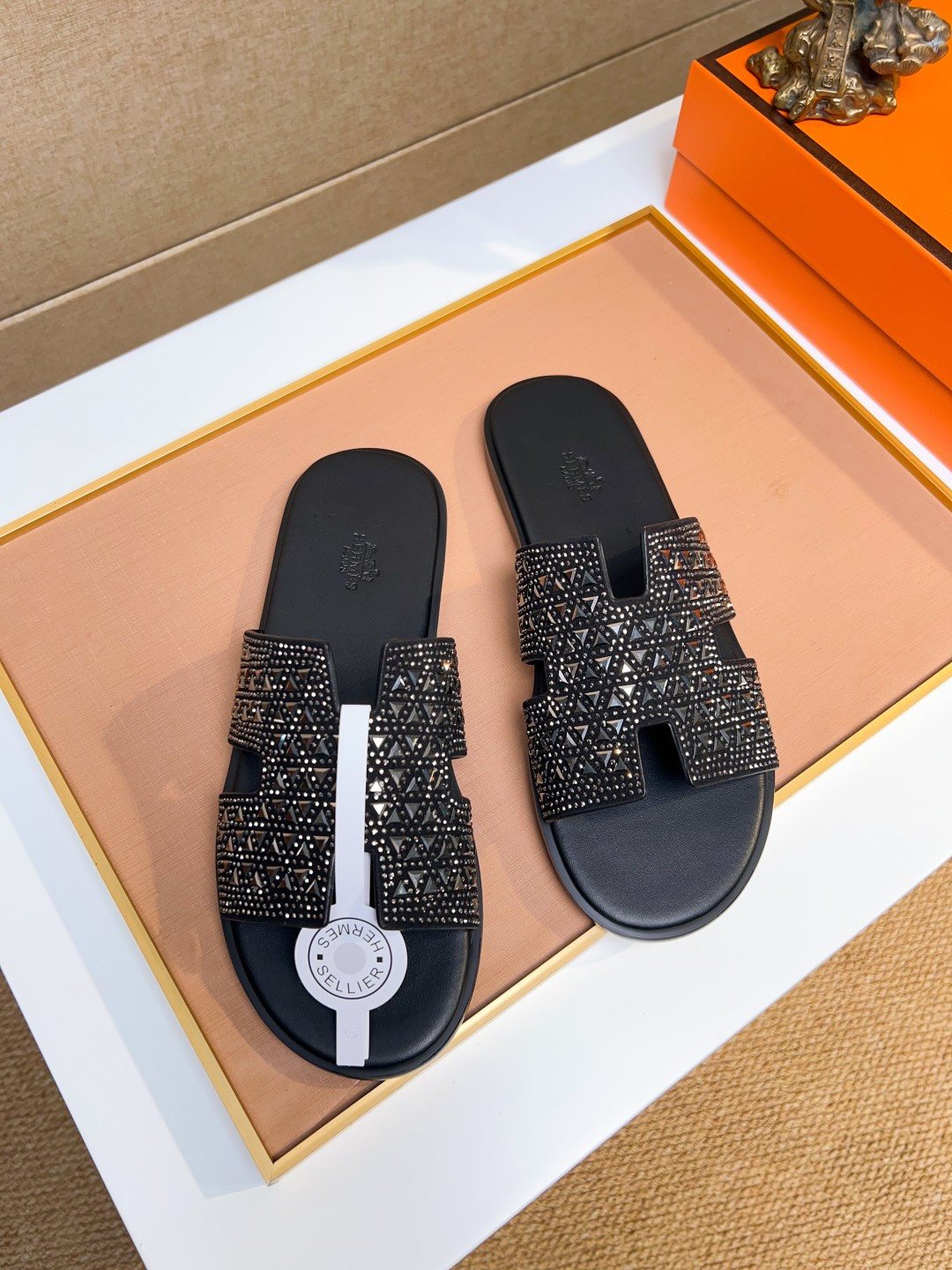 Hermès Black Textured H Slide Sandals - Open-Toe Slide Design