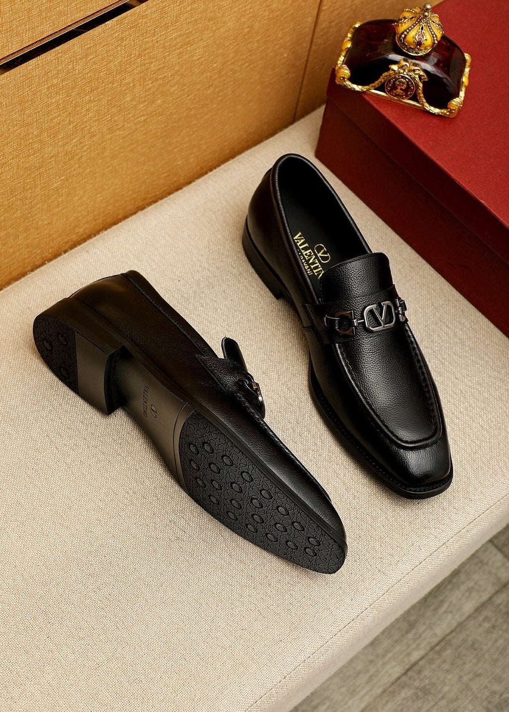 Valentino Black Metal-Hardware Loafers