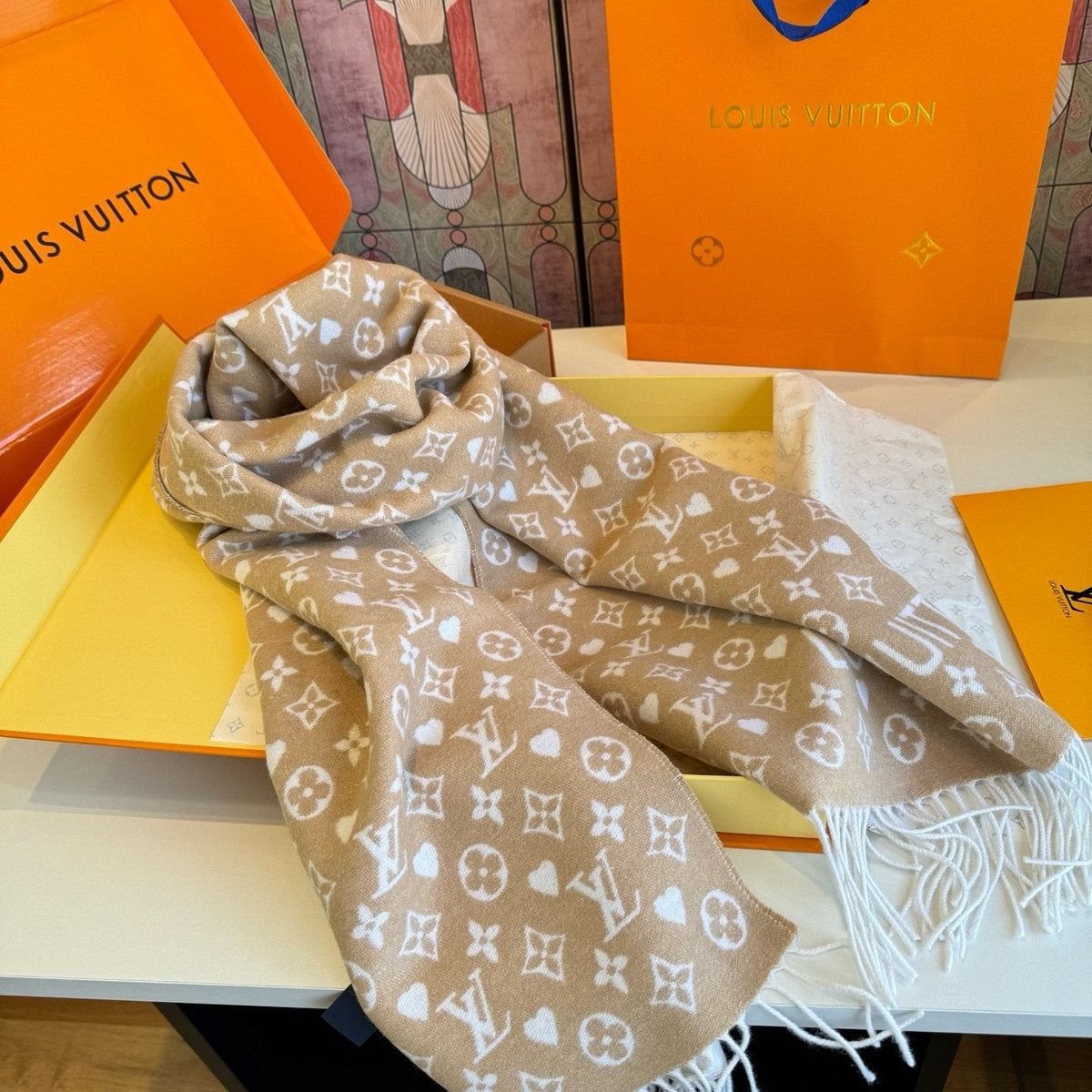 Louis Vuitton Taupe Monogram Fringe Scarf