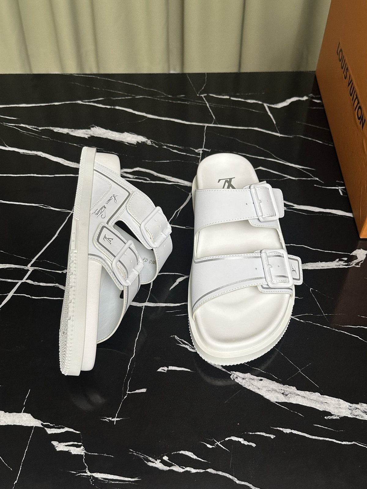 Louis Vuitton Men's White Double-Buckle Slide Sandals