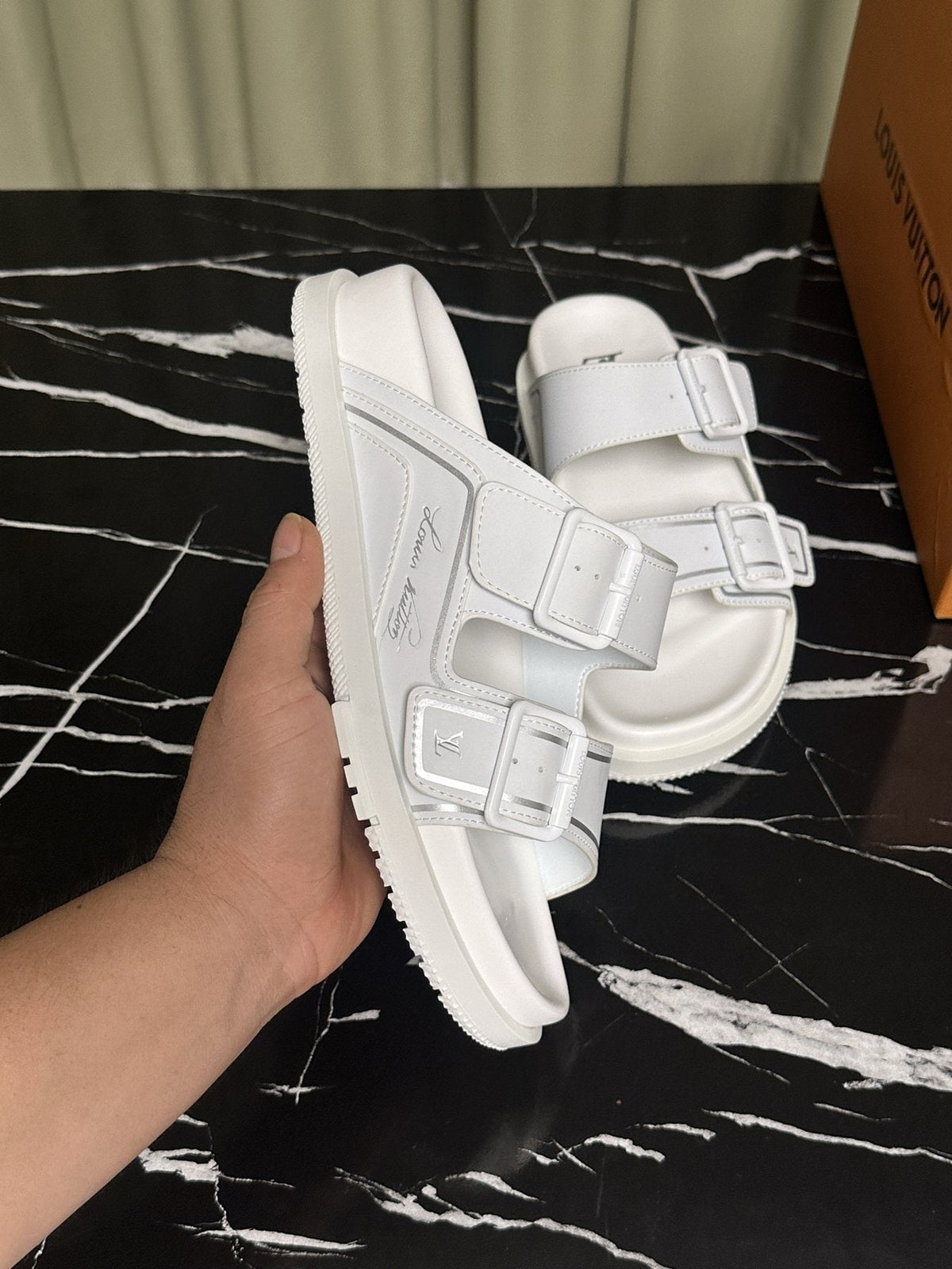 Louis Vuitton Men's White Double-Buckle Slide Sandals