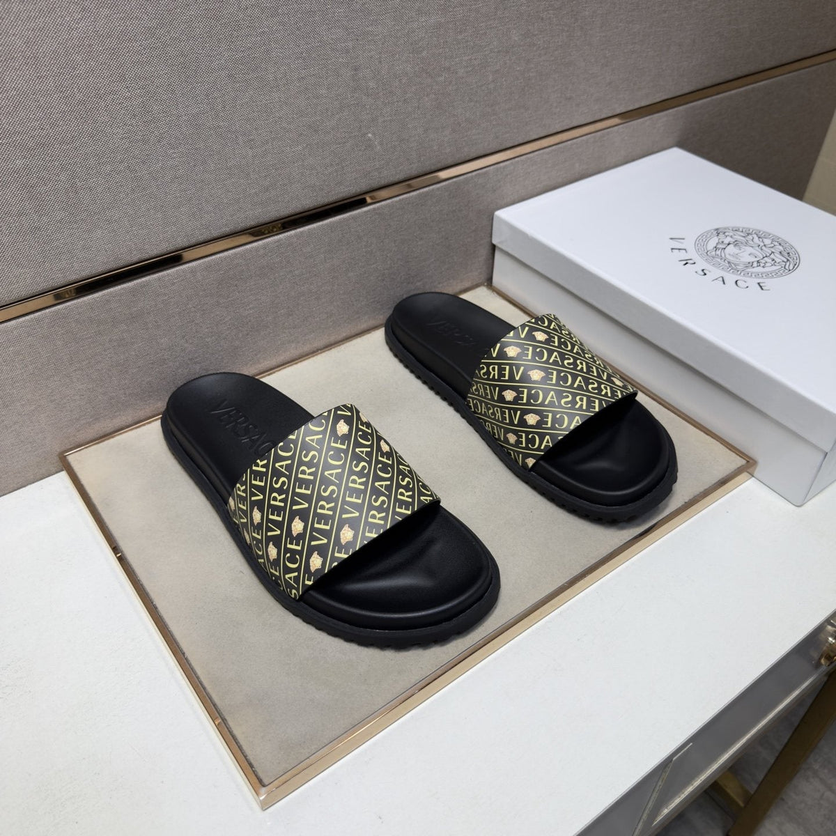 Versace Patterned Strap Slide Sandals