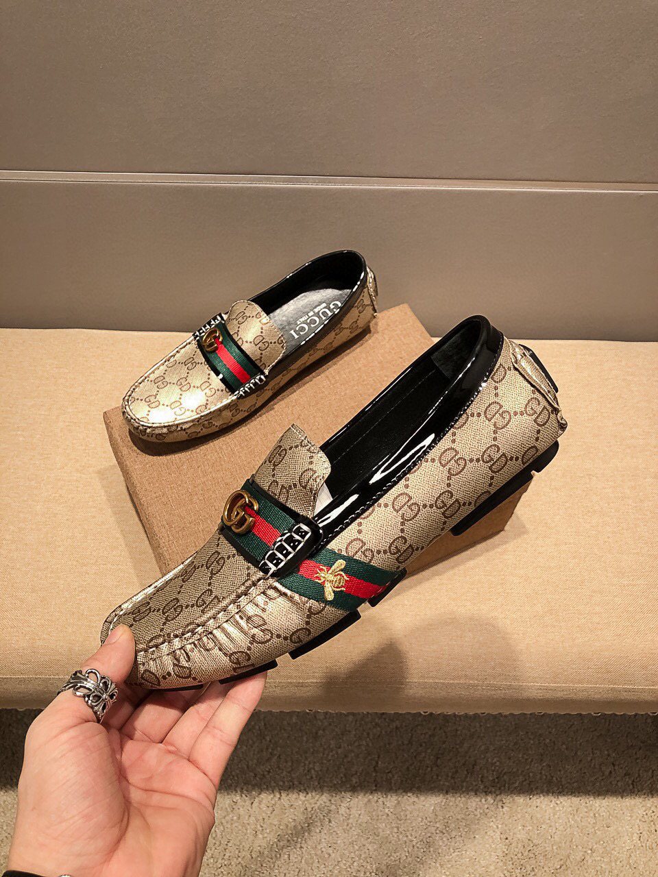 Gucci Men's Beige Web Loafers