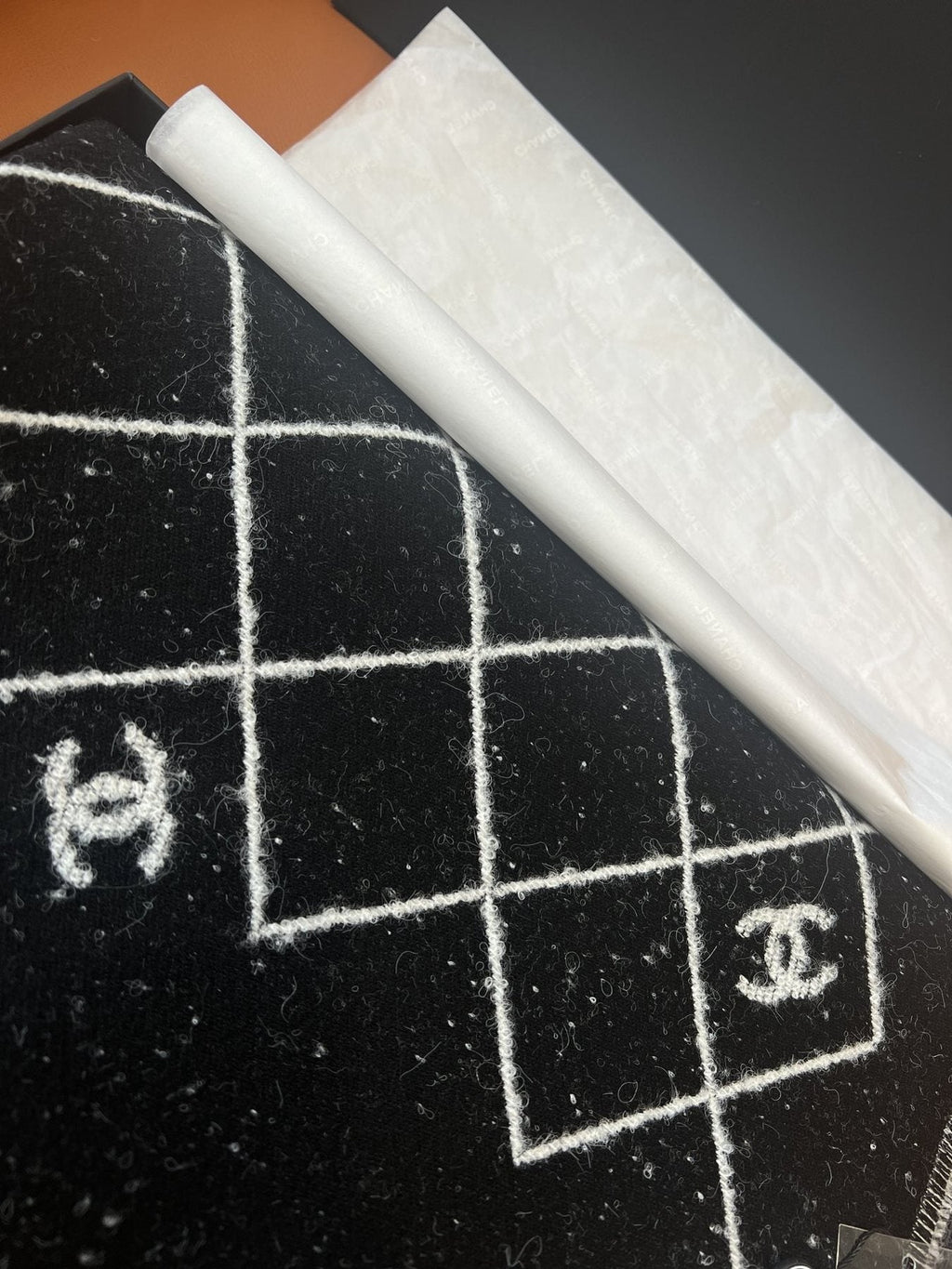 Chanel Black and Ivory Grid Shawl Scarf