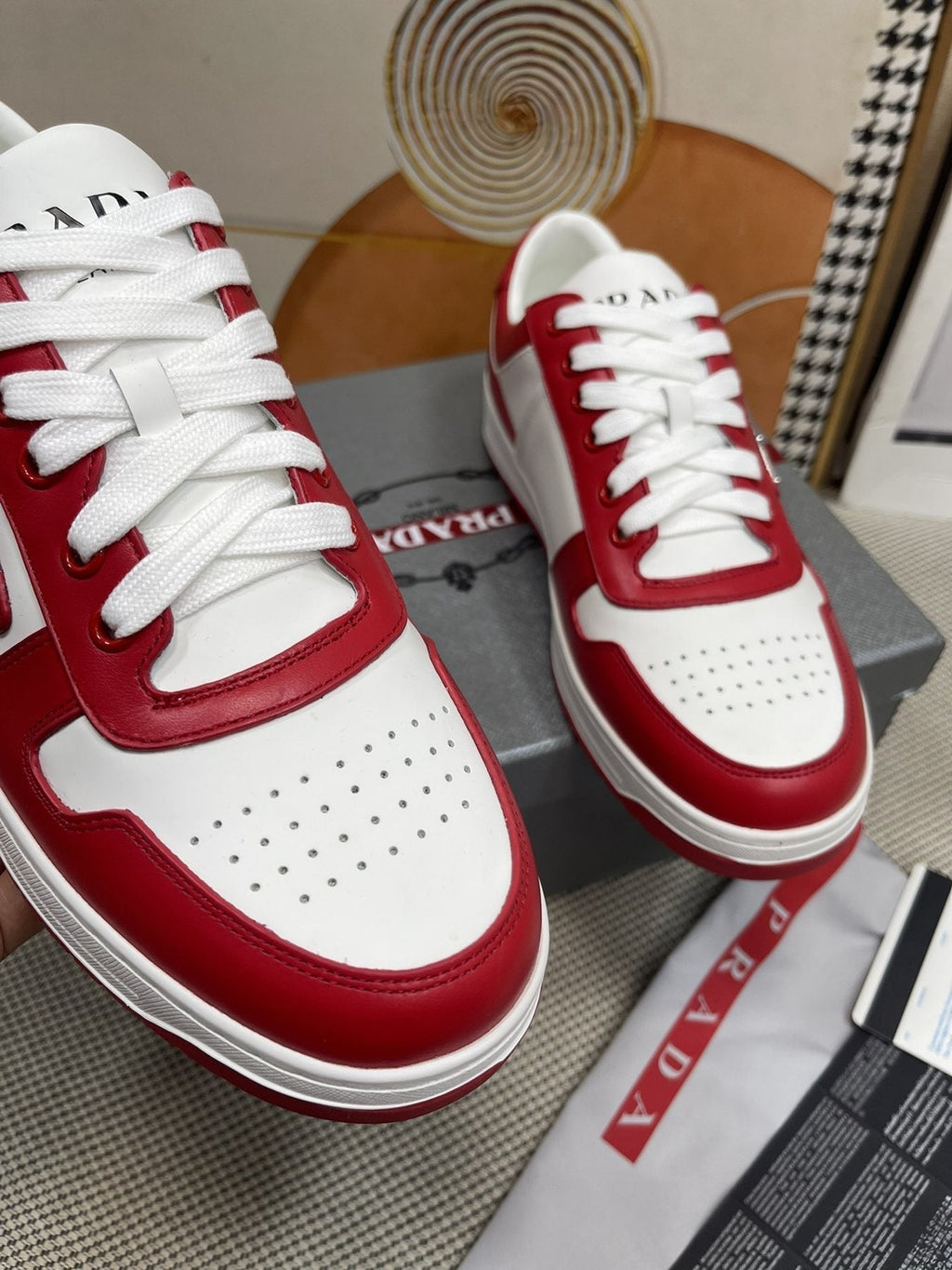 Prada Red and White Low-Top Sneakers