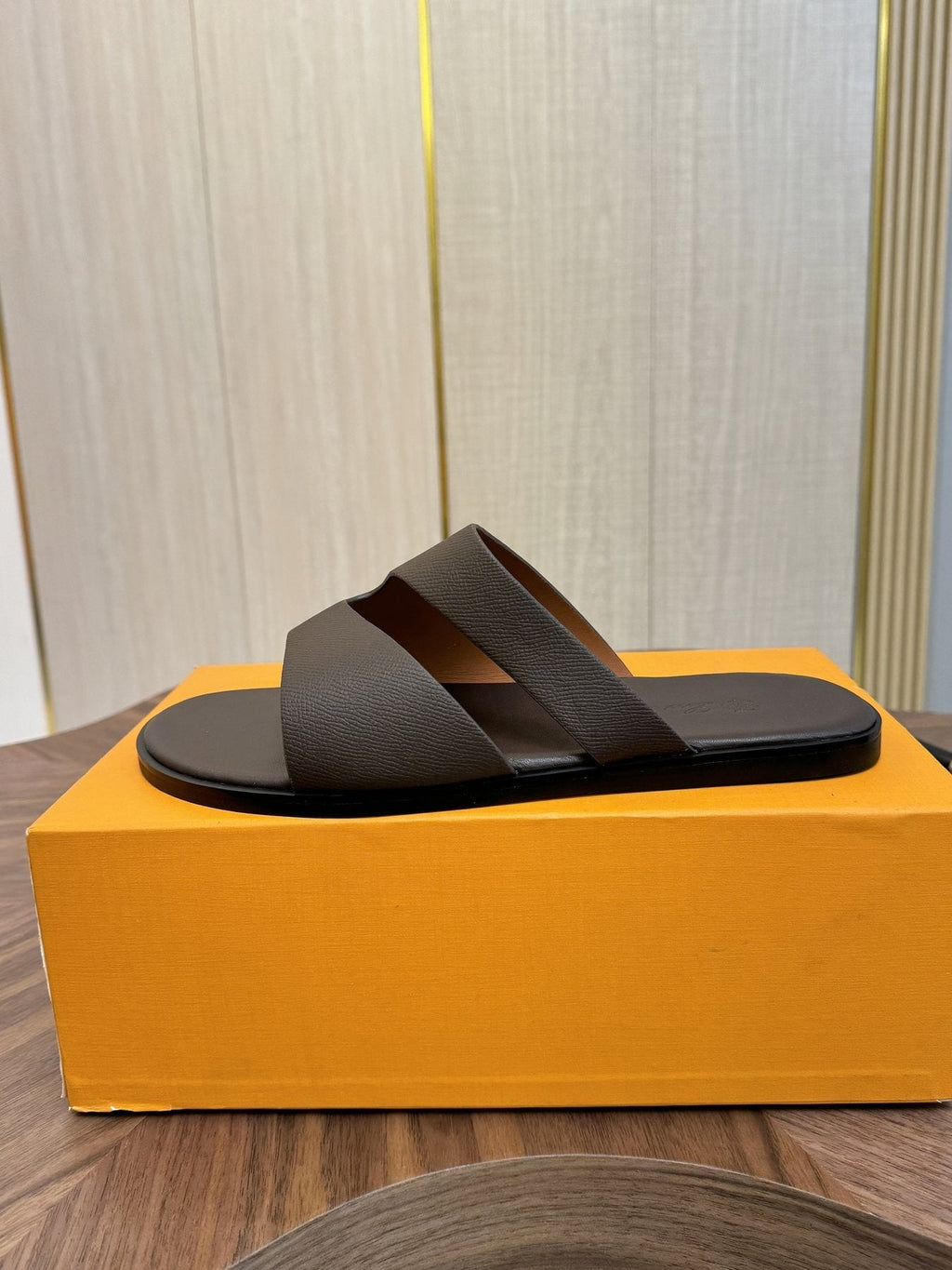 Loro Piana Men's Dark Brown Leather Slide Sandals
