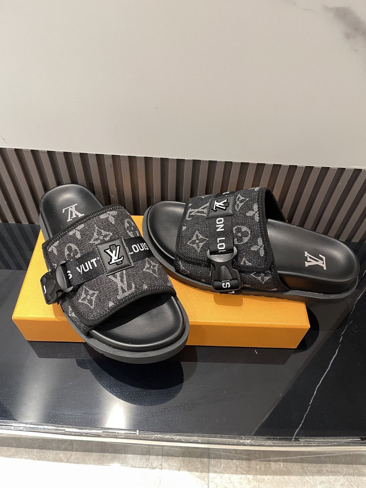 Louis Vuitton Black Monogram Slide Sandals - Open Toe