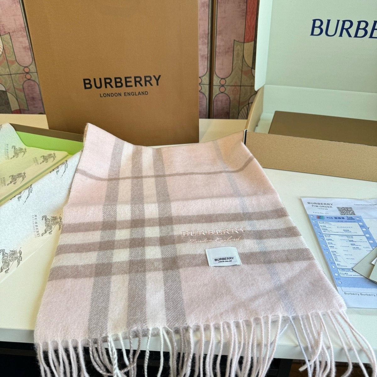 Burberry Blush Pink Plaid Fringed Scarf
