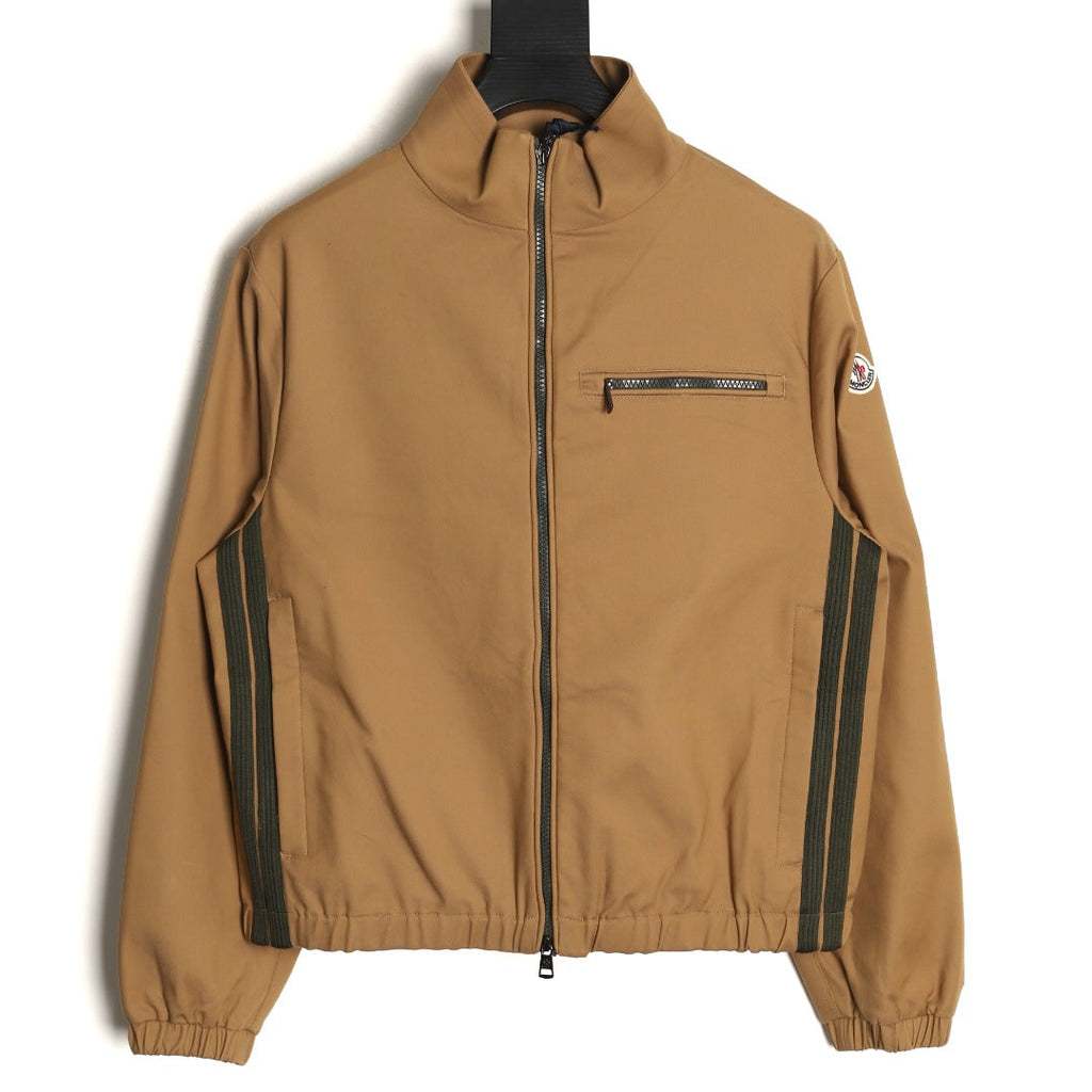 Moncler Contrast-Stripe Chest-Zip Jacket - Camel